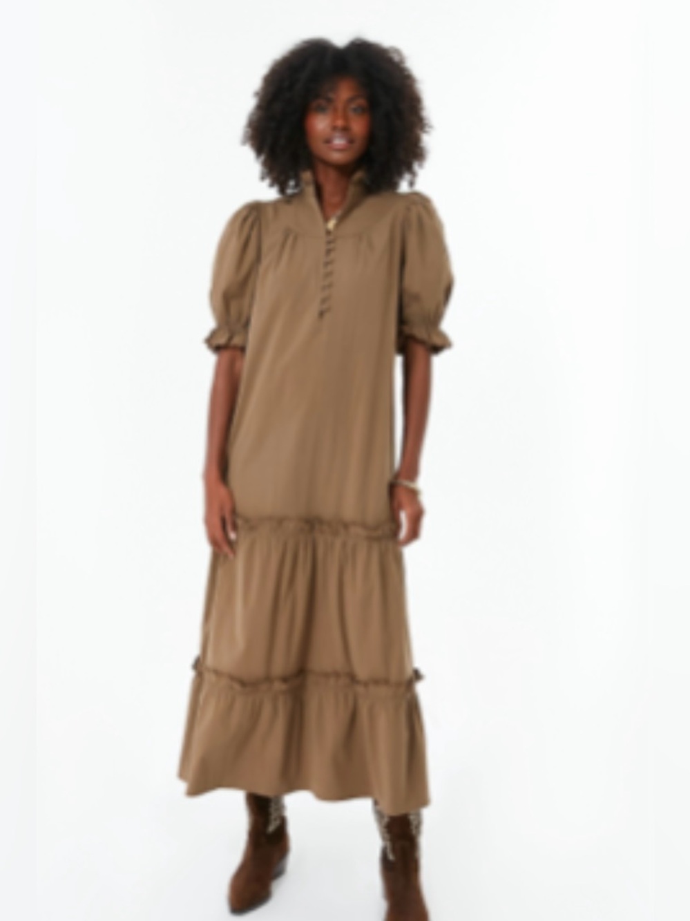 Tuckernuck Brown Tiered Puff-Sleeve Maxi Dress